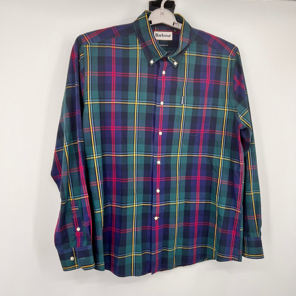 Barbour Tailored Fit Tartan‎ Plaid Button Down Shirt Green Navy Red Mens XL - Picture 3 of 8